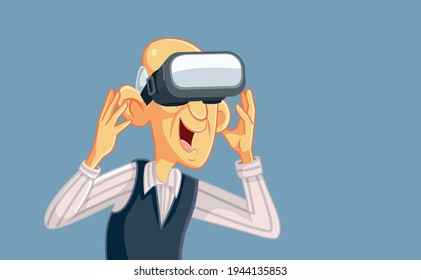 Happy Senior Man Wearing VR Glasses Having Fun. Elderly person enjoying augmented reality technology
