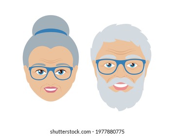 Happy senior man and woman face vector. Senior man with beard, gray hair and blue glasses icon. Senior woman with gray hair and blue glasses icon. Portrait cheerful elderly couple vector