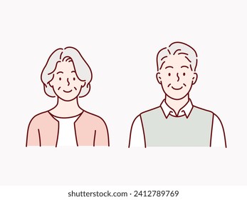 Happy senior man and woman face illustration. drawn style vector design illustrations.