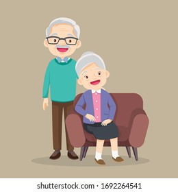 Happy senior man woman family sitting on the sofa and rest,Happy elder couple sitting,Elderly couple husband and wife sitting on couch embracing