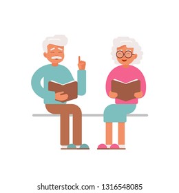 Happy Senior man and woman read and discuss books. Vector character for an educational project