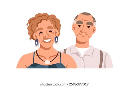 Happy senior mature couple portrait. Smiling old man and woman, elderly family. Elder husband and wife, spouses dressed for evening party. Flat vector illustration isolated on white background