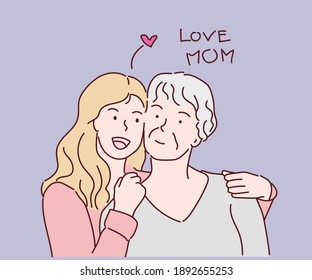 Happy senior mother and grown-up daughter hugging showing love and care. Hand drawn in thin line style, vector illustrations.