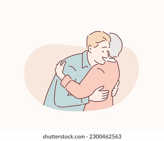 Happy senior mother spend time with grown up son, relatives people hugging at home. Hand drawn style vector design illustrations.