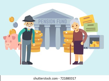 Happy senior old people saving pension money. Characters for retirement plan and personal finance program vector concept. Pension service, retirement planning investment illustration