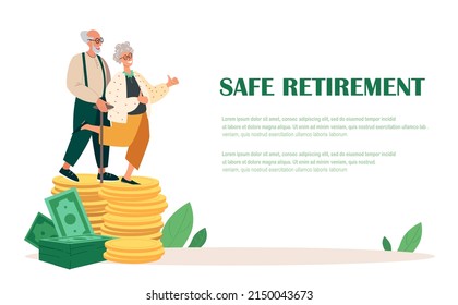 Happy Senior Pensioners Characters Stand On Pile Of Money Golden Coins Stack.Landing Page Template.Concept Of Financial Wealth,Pension Deductions,Savings,Wealthy Retirement.People Vector Illustration.