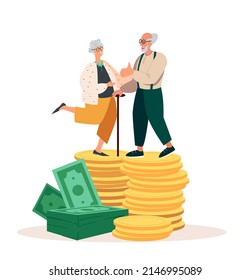 Happy Senior Pensioners Male Female Characters Stand on Huge Pile of Money Golden Coins Stack.Concept of Financial Wealth,Pension Deductions,Savings,Wealthy Retirement. People Vector Illustration