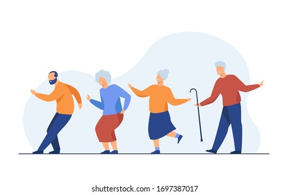 Happy senior people dancing at party. Cartoon grey haired old men and women enjoying music in club, having fun . Vector illustration for age, hobby, joy, retirement concept