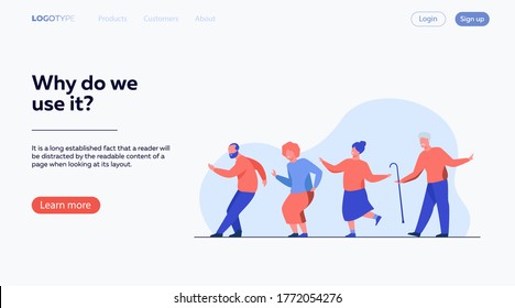 Happy senior people dancing at party. Cartoon grey haired old men and women enjoying music in club, having fun . Vector illustration for age, hobby, joy, retirement concept