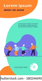 Happy senior people dancing at party. Cartoon grey haired old men and women enjoying music in club, having fun . Vector illustration for age, hobby, joy, retirement concept