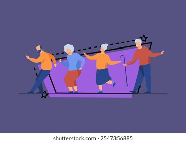 Happy senior people dancing at party. Cartoon grey haired old men and women enjoying music in club, having fun . Vector illustration for age, hobby, joy, retirement concept