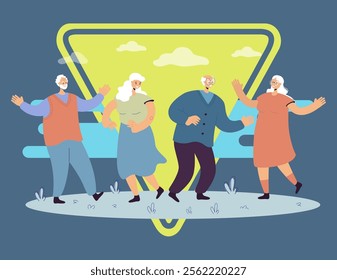 Happy senior people enjoying outdoor party. Group of mature friends celebrating event, having fun together. Vector illustration for retired age, hobby, joy, retirement, leisure concept