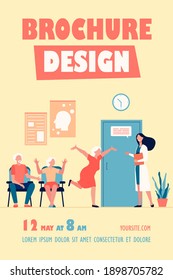 Happy senior people greeting doctor. Physician, grandmother, hospital flat vector illustration. Medicine and retirement concept for banner, website design or landing web page