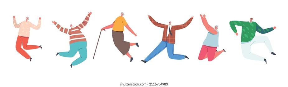 Happy Senior People Group Jumping with Raised Hands. Elderly Men and Women in Light Casual Clothes Joy and Happiness, Aged Male and Female Characters Jump and Laugh. Cartoon Vector Illustration