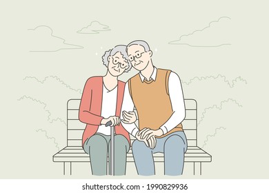 Happy senior people lifestyle concept. Smiling aged mature couple relaxing in park, sitting on bench, holding hands enjoying leisure time outdoors vector illustration 