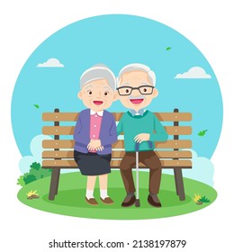 Happy senior people lifestyle concept. Smiling aged mature couple relaxing in park, sitting on bench