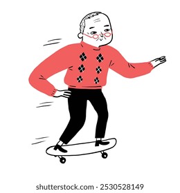 Alunos felizes jogando skate. Ilustração desenhada à mão. Mínimo. Preto e branco.