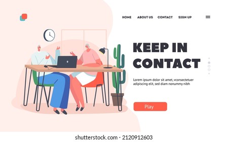 Happy Senior People Use Computer Landing Page Template. Elderly Characters Communicate via Internet Sitting at Table with Laptop, Watching Movie, Chatting in Network. Cartoon Vector Illustration