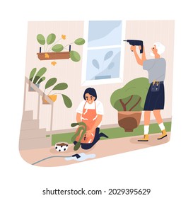 Happy Senior People Working On House Yard. Woman Growing And Caring About Plants, Old Man Repairing Home Outside. Maintenance Of Backyard. Flat Vector Illustration Isolated On White Background