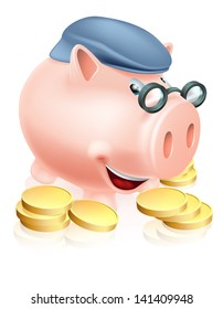 A happy senior piggy bank cartoon character smiling, dressed as an older adult and surrounded by coins. Metaphor for good pension provisions or having saved well for your future