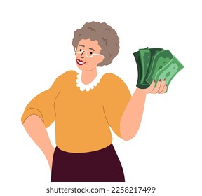 Happy Senior Retired Pensioner Woman Female Character Hold Pile of money,Green Bills,Notes.Financial Wealth,Money Accumulation,Pension Savings,Wealthy Rich Retirement.Flat Vector Illustration Isolated