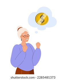 Feliz jubilado jubilado jubilado mujer, sueños de personajes femeninos, piensa en dinero, imagina moneda de oro. Riqueza financiera, dinero, ahorros de pensiones, jubilación rica.Ilustración de vectores planos