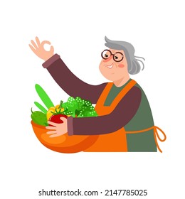 Happy senior woman with a bowl of vegetable. Healthy food at home. Cheerful older lady preparing salad. Active elderly person cooking on kitchen. Cartoon character, flat vector illustration isolated  