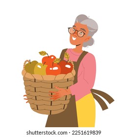 Happy Senior Woman Character Harvesting Holding Wicker Basket Full of Ripe Apple Fruits Vector Illustration