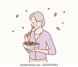 Mujer mayor feliz que come la ensalada vegetal. Ilustraciones de diseño de Vector de estilo dibujado a mano.