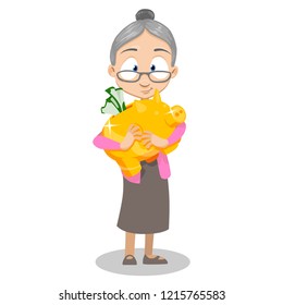 Happy senior woman in glasses holding gold piggy bank full of money. Retirement savings and investment. Pension plan and personal finance program vector illustration. Old lady personage with money