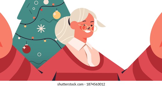 happy senior woman holding camera and taking selfie near fir tree new year christmas holidays celebration concept horizontal portrait vector illustration
