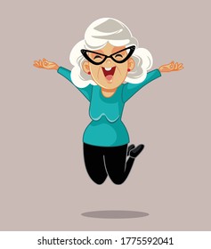 Happy Senior Woman Jumping with Excitement Vector Cartoon. Active female pensioner feeling carefree

