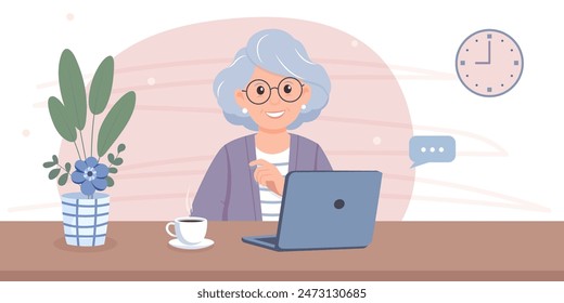 Happy Senior woman with laptop about the table with coffee and flower. Freelancer working online or person studying online. Vector flat illustration