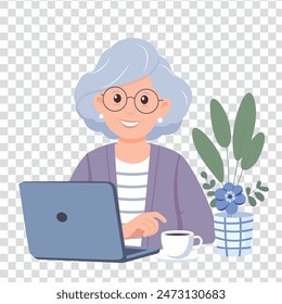 Happy Senior woman with laptop. Freelancer working online or person studying online. Vector flat illustration on transparent background