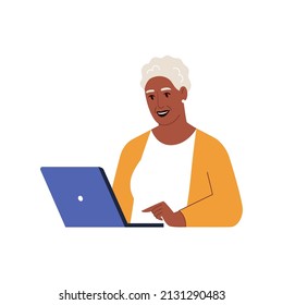 Happy senior woman with laptop. Freelaner working online or person studying online. Vector flat illustration on a white isolated background.