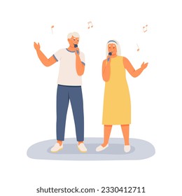Happy senior woman and man singing songs into microphone. Modern senior people spending time together and resting. Couple having fun in karaoke. Flat vector illustration in warm colors