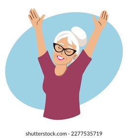 Happy Senior Woman Raising her Hands with Joy Vector Cartoon. Cheerful granny feeling positive and optimistic.