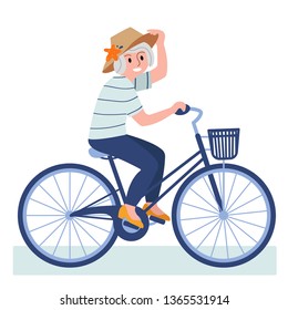 Happy senior woman riding a bike vector illustration in a flat style
