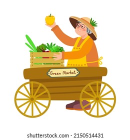 Happy senior woman selling organic fresh vegetable at farmer local market. Cartoon female greengrocer seller in apron and hat works eco market kiosk.  Hand drawn flat vector illustration, isolated. 