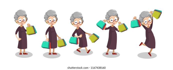 Happy senior woman with shopping bags. Funny old woman shopper character in different poses. Cute elderly woman in glasses and brown dress. Active shopping lifestyle and having fun vector illustration