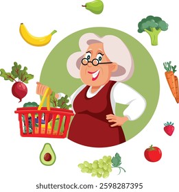 
Happy Senior Woman Shopping for Healthy Groceries Vector Cartoon Character. Elderly pensioner making healthy eating choices buying fruits and vegetables 