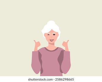 Happy senior woman  showing thumbs up and  winking eye .with both hands and smiling. Cartoon, vector and illustration.