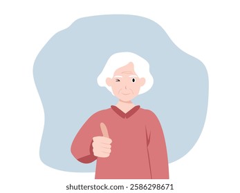 Happy senior woman  showing thumbs up and  winking eye .with both hands and smiling. Cartoon, vector and illustration.