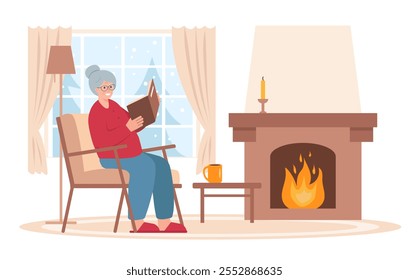 Happy senior woman sitting in chair with book next to fireplace. Elderly woman reading book in Winter at home. Snowy winter season, cold weather concept. Vector illustration on white background.