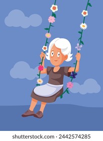 
Happy Senior Woman is Sitting in Flower Swing Vector Cartoon. Lady of a mature age remembering childhood in her golden years 
