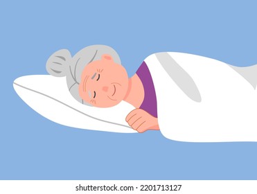 Happy senior woman sleeping in flat design.