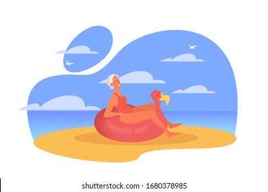 Happy senior woman spending time on the beach lying on a rubber ring. Retired woman on their summer vacation. Vector illustration in cartoon style