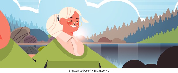 happy senior woman taking selfie on smartphone camera grandmother making self photo beautiful nature landscape background horizontal portrait vector illustration