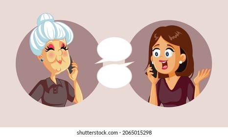 Happy Senior Woman Talking Her Daughter Vector Cartoon. Daughter keeping in touch with her elderly mom speaking on the telephone
