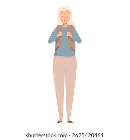 Happy senior woman tourist standing with backpack, ready for vacation trip